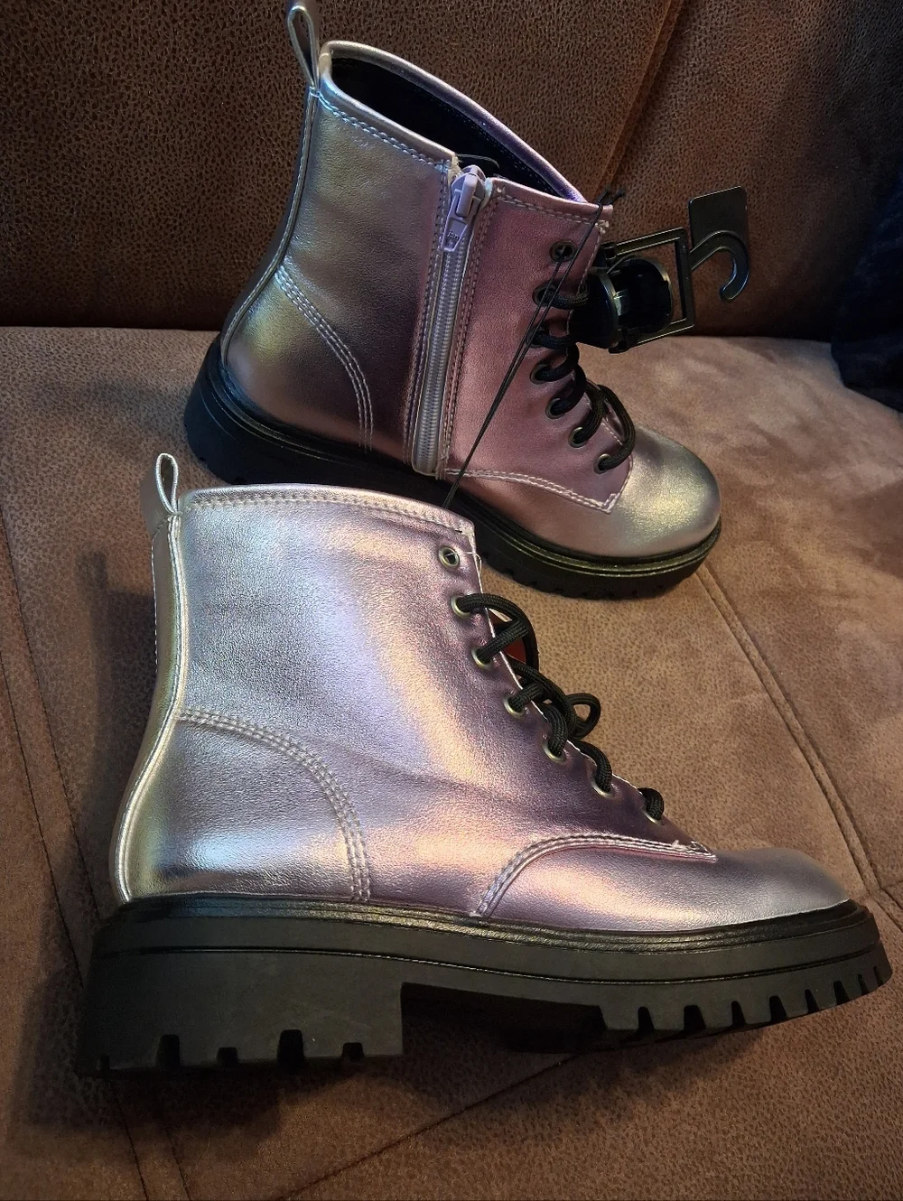 wonder nation Iridescent Purple Lace-Up Combat Boots for Kids Size 3